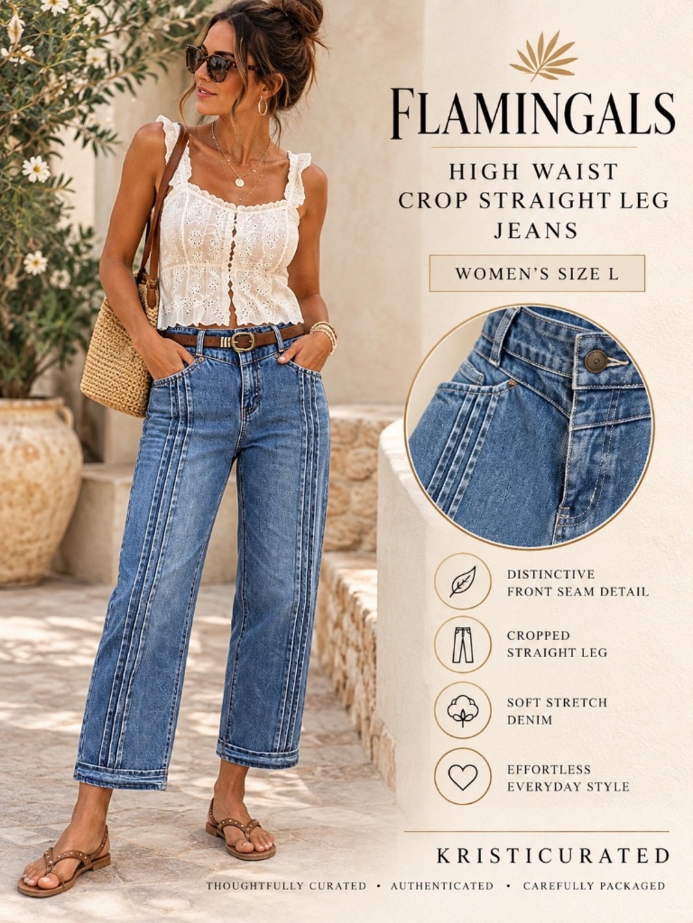 Flamingals High Waist Crop Straight Leg Jeans Women's L NWT
